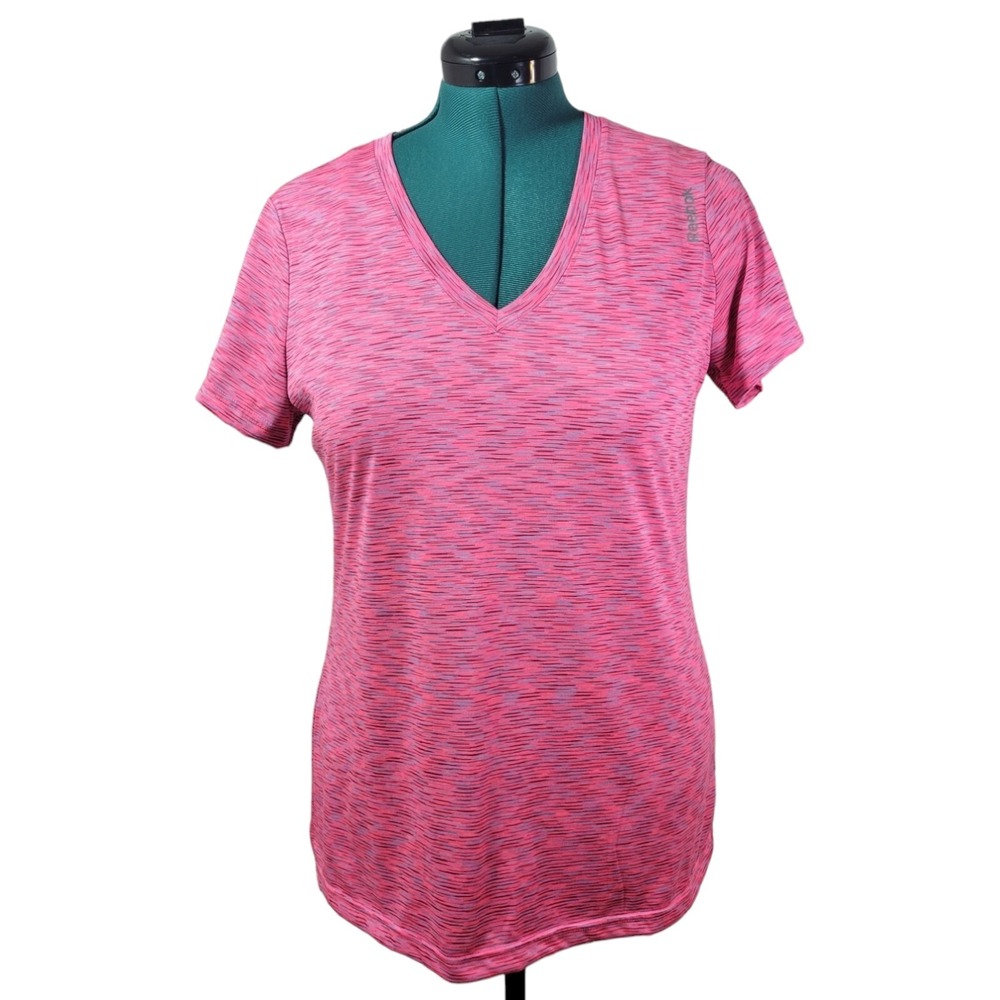 Reebok Shirt Large Pink Polyester Space Dye V-Neck Short Sleeve Athletic Tee